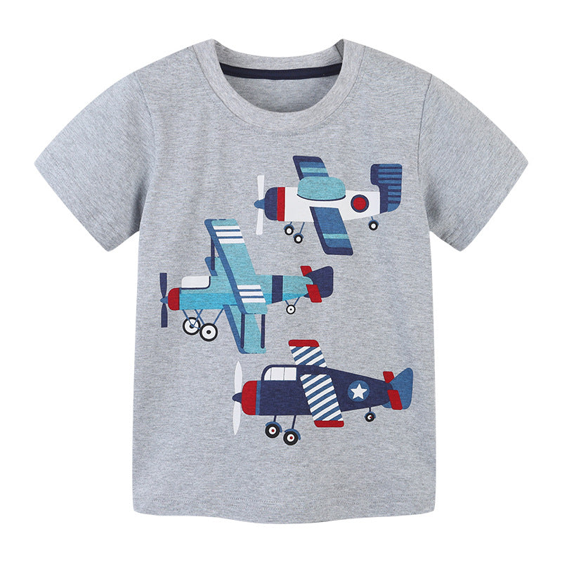 Toddler grey cotton crew neck t-shirt with playful cartoon airplane graphics.