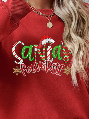 Deep Red festive graphic sweatshirt with Santa's Favorite text and snowflakes.