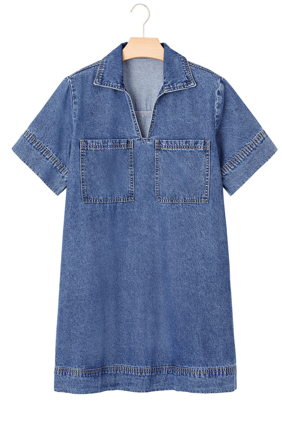 Light blue denim mini dress with collar, V-neck, short sleeves, and two chest pockets.