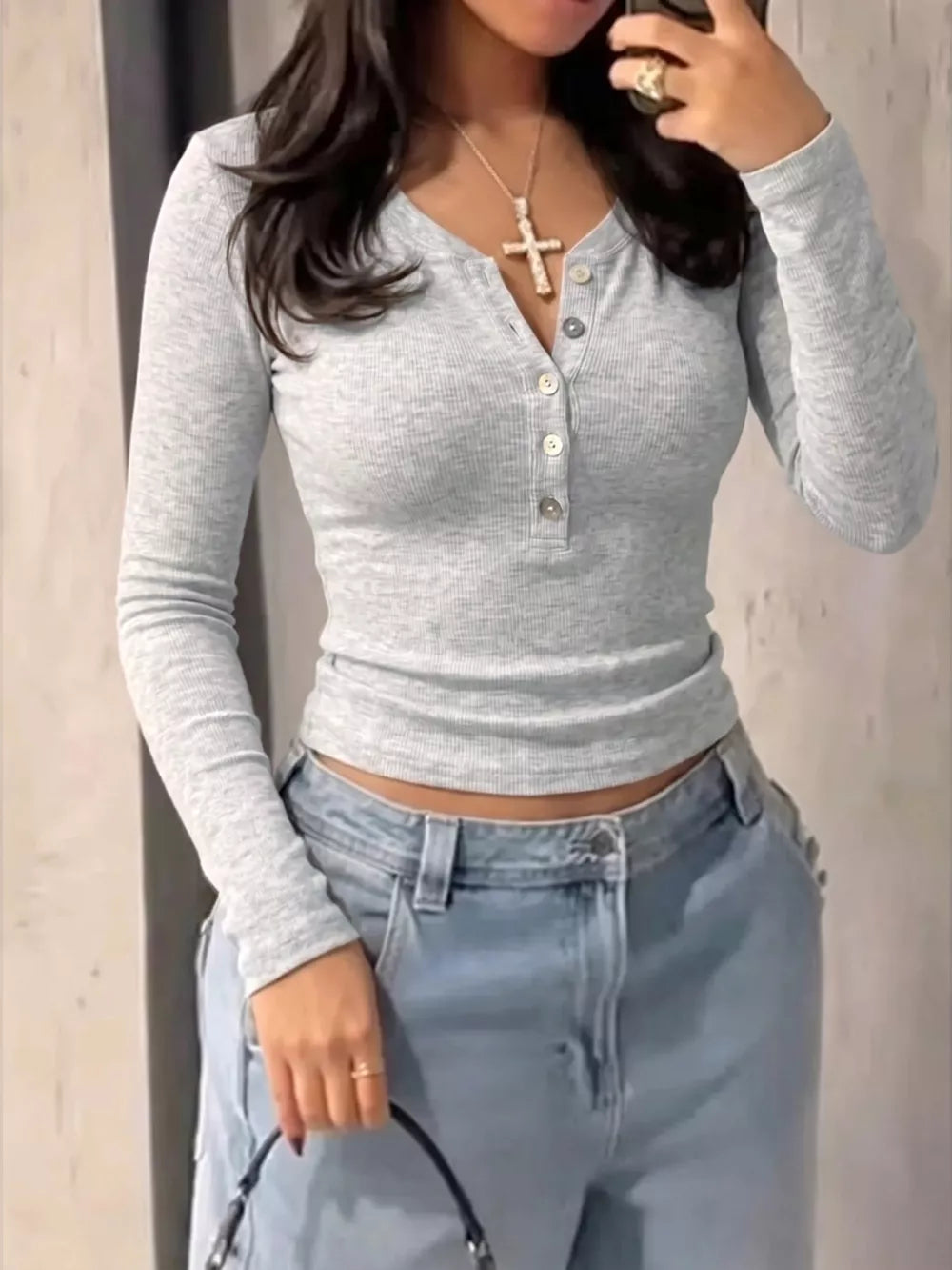Gray Button Detail Long Sleeve T-shirt