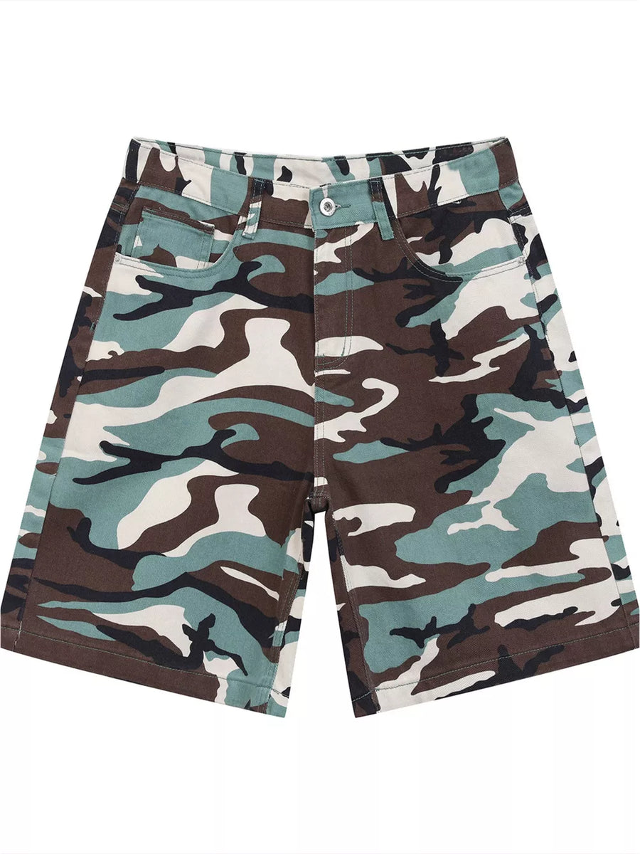 Men's camo denim shorts with a classic five-pocket design and button fly.