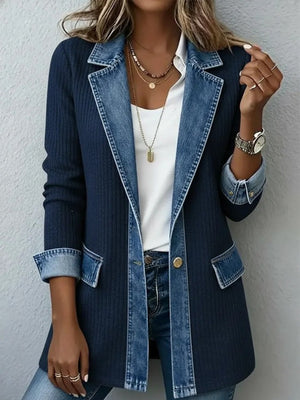 Full Size Denim Trim Ribbed Knit Cardigan in Colorblock with pocketed