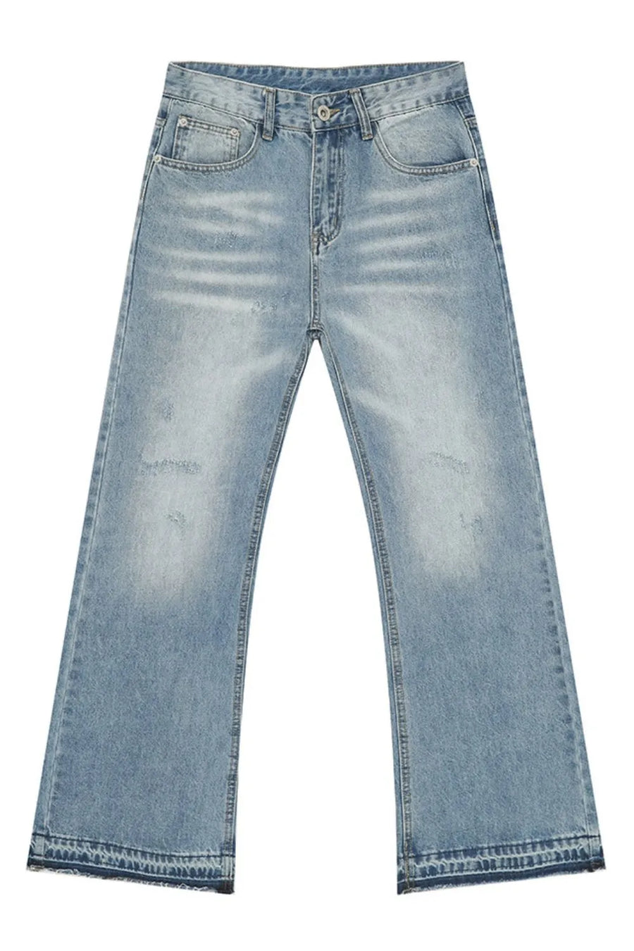 Baggy distressed denim jeans in medium wash with raw hem detail and whiskering.
