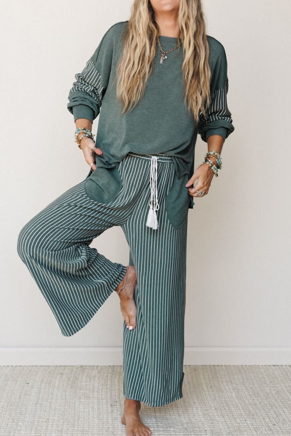 lounge set in French Blue with striped and drawstring waist