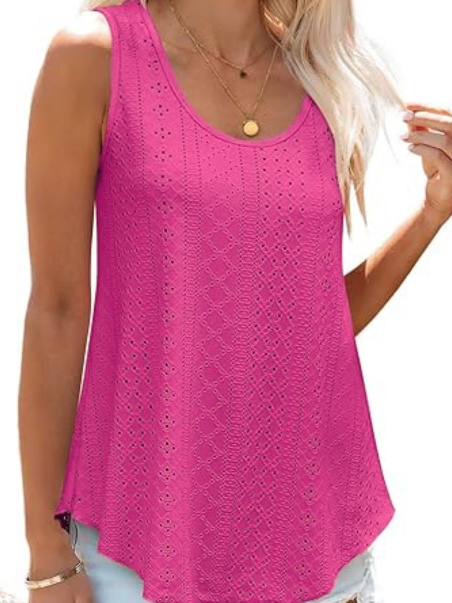 Hot Pink eyelet scoop neck tank top with intricate diamond pattern detail.