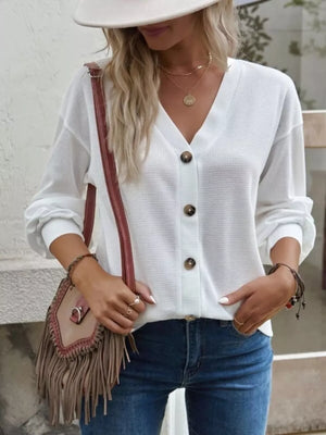 White Casual V-neck Waffle Long Sleeve Top