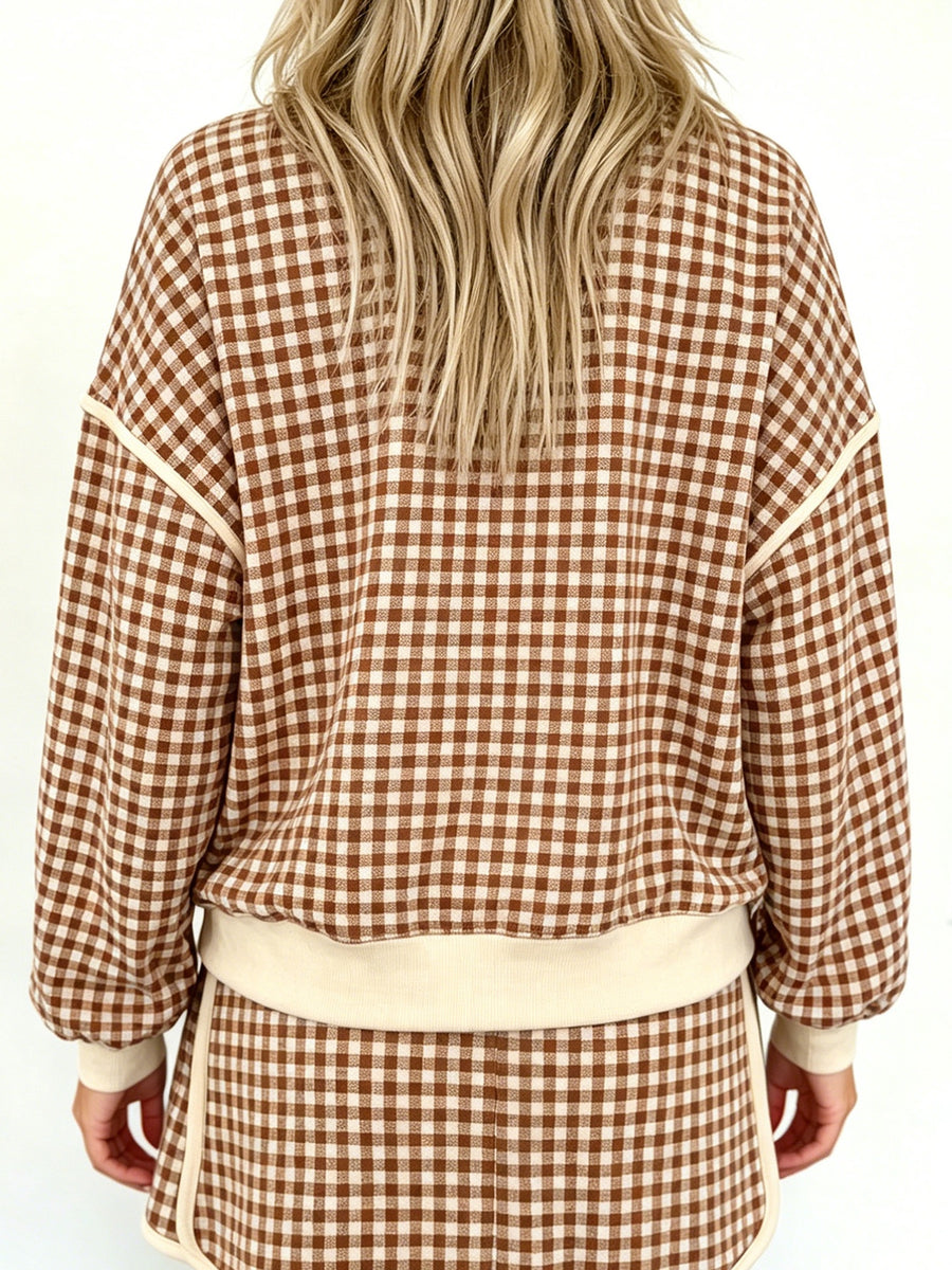 cream pajama set featuring drawstring waist and gingham