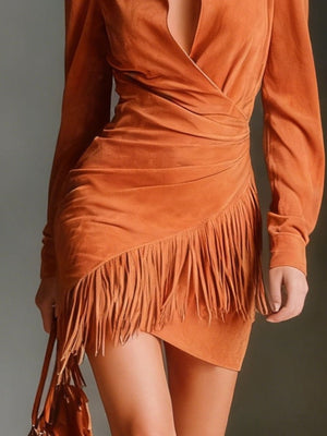 Terracotta mini dress with fringe and long sleeve