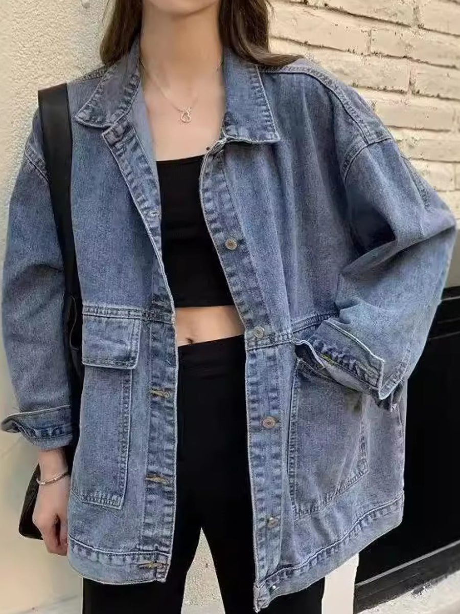 streetwear denim jacket in Black with collared