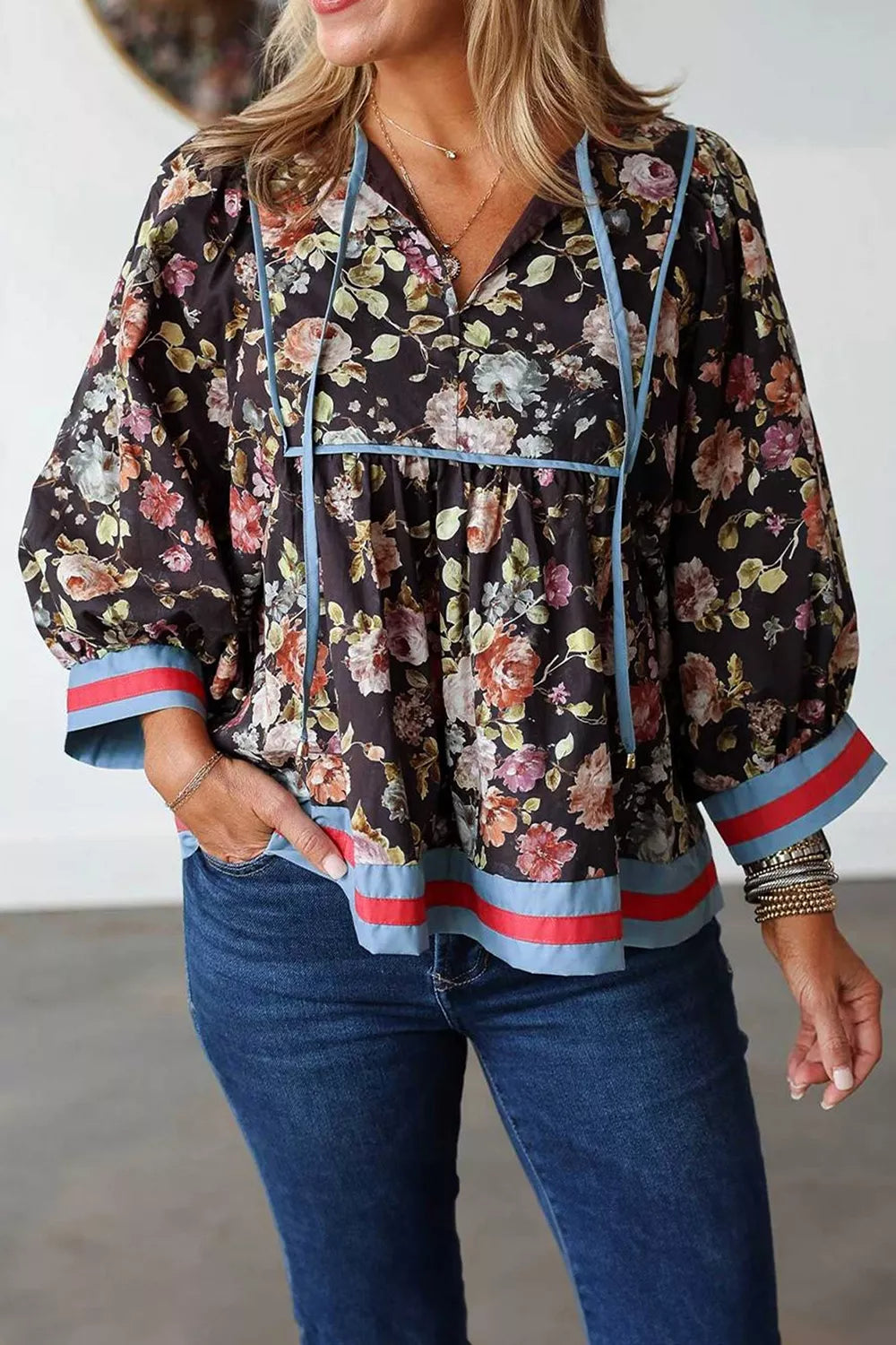 Floral Floral Print Contrast Trim Tie V Neck Blouse