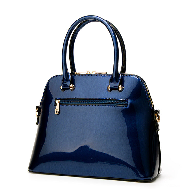 Patent Leather Medium Tote Handbag in Blue with patent finish