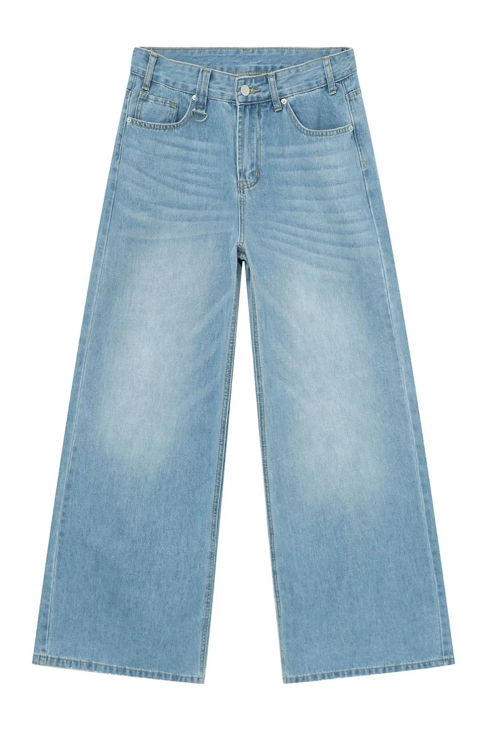 Light wash denim palazzo trousers with a faded effect and wide leg.