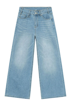 Light wash denim palazzo trousers with a faded effect and wide leg.