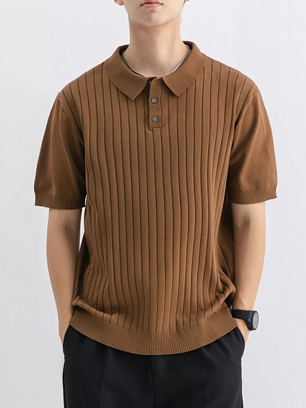 Coffee ribbed knit polo shirt with short sleeves and button placket.