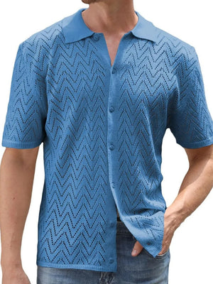 Blue chevron knit polo shirt with short sleeves and button front
