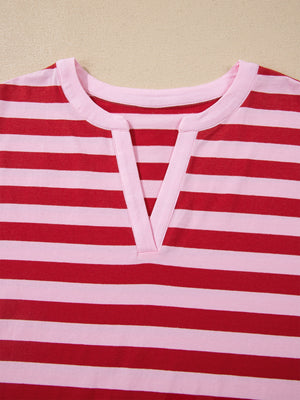 Red and pink striped cotton blend t-shirt with split v-neckline