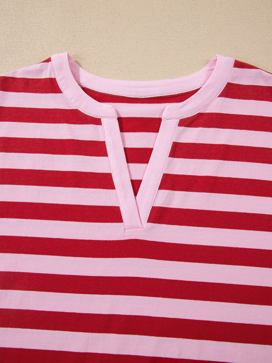 Red and pink striped cotton blend t-shirt with split v-neckline