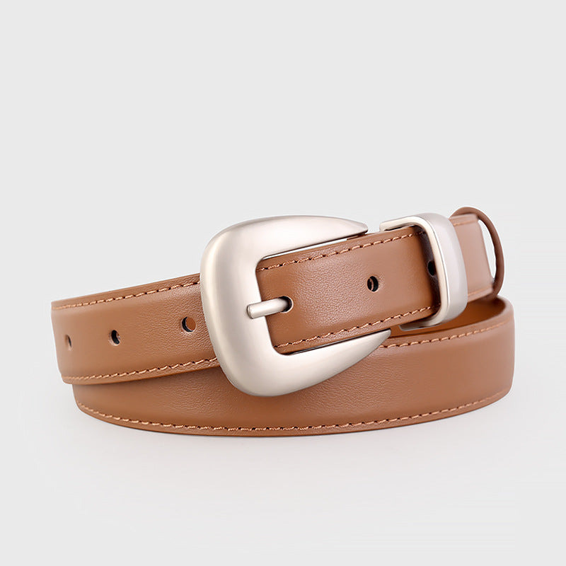 Brown cowhide leather belt with silver buckle and contrast stitching.