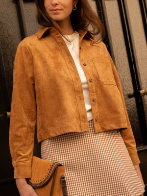 trucker jacket in camel featuring buttoned and boxy fit