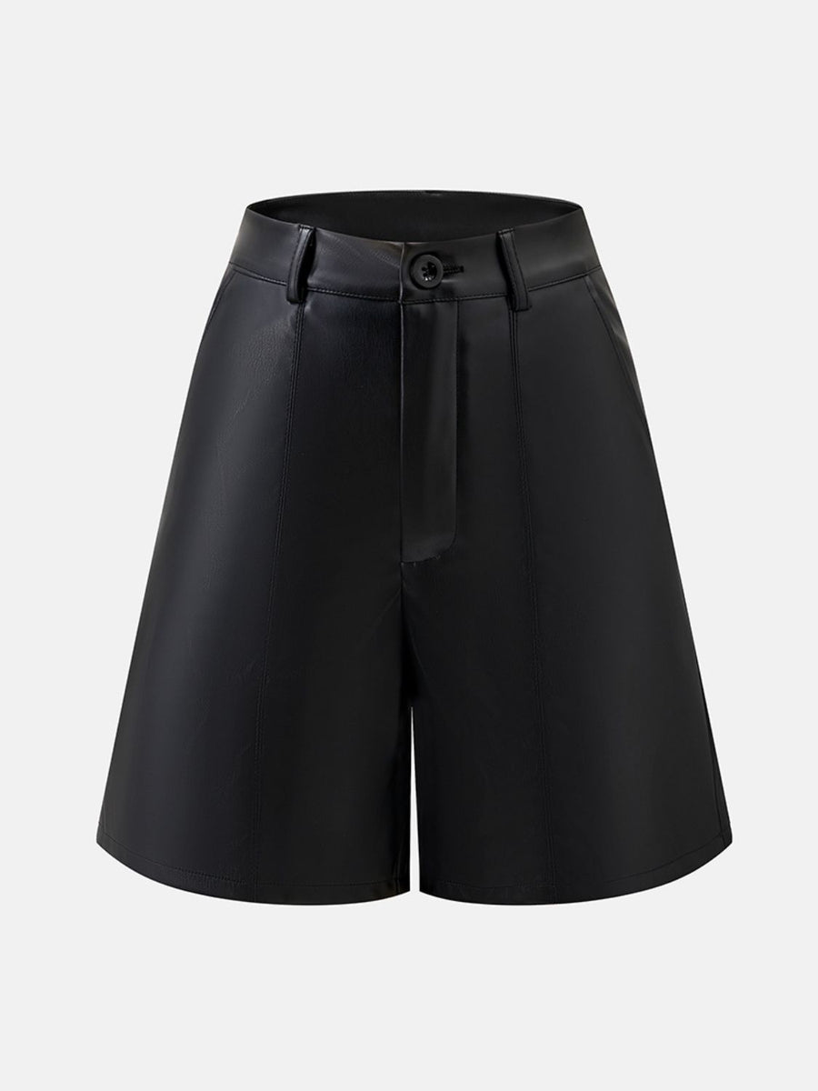 Black vegan leather Bermuda shorts with button closure and tailored fit.