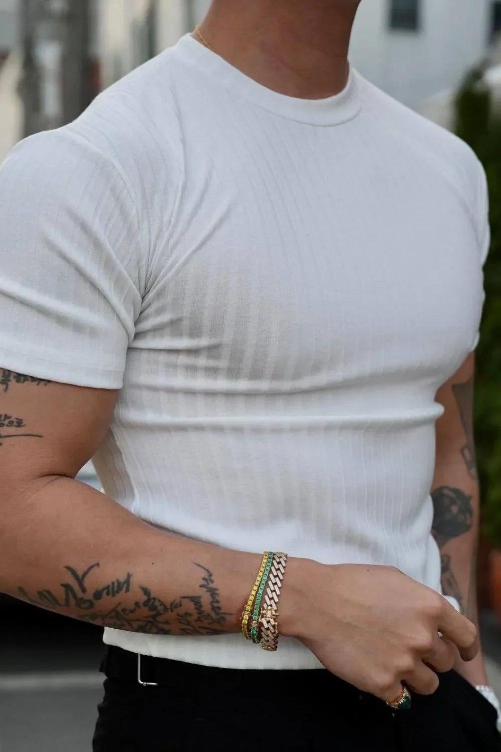 White ribbed crew neck muscle fit tee with short sleeves.