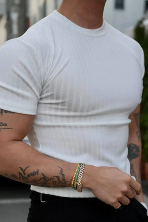 White ribbed crew neck muscle fit tee with short sleeves.
