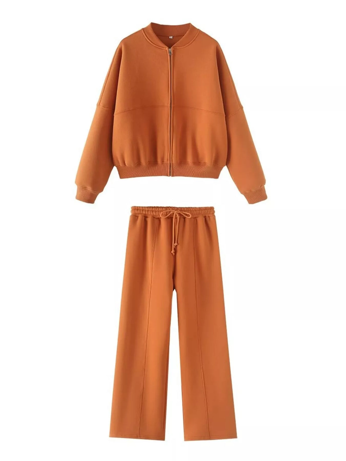 Orange zip-up bomber jacket and wide-leg drawstring pants set