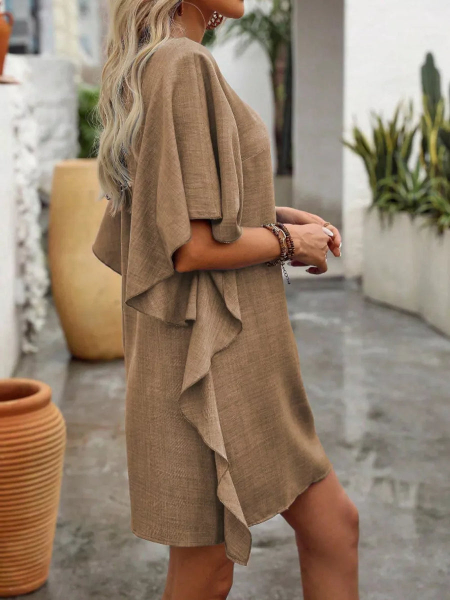 Khaki V-neck mini dress with flowy sleeves and ruffled hem detail.