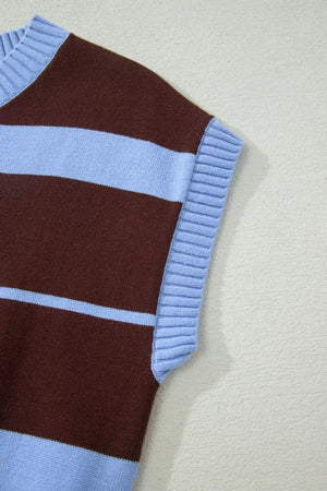 Chic striped knit sweater vest in brown and light blue with ribbed details.