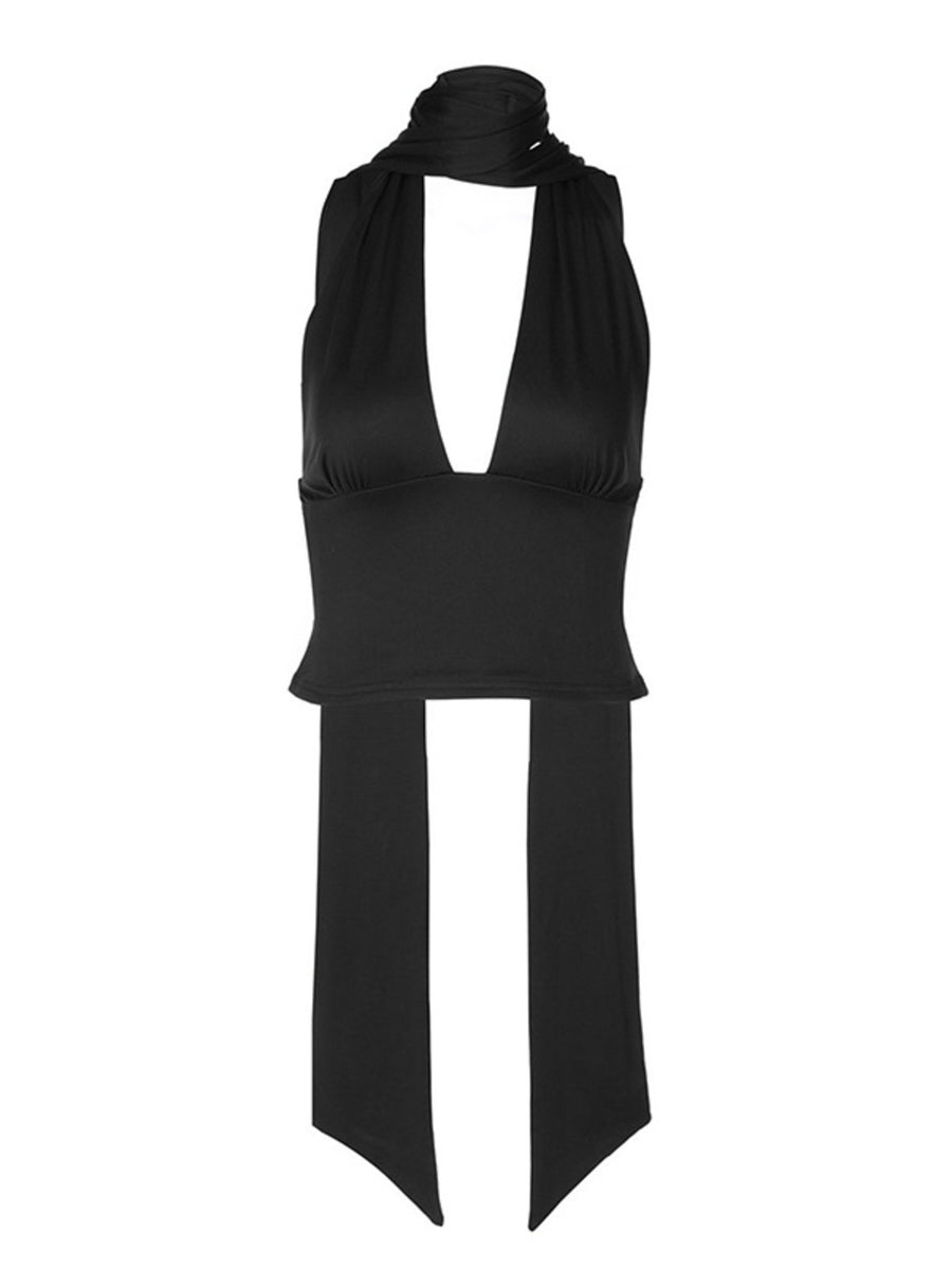 Black halter neck tie cami top with deep v-neck and adjustable ties