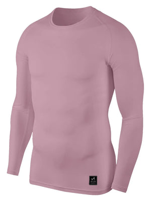 Dusty Pink performance long sleeve tee with crew neck and a small logo tag.