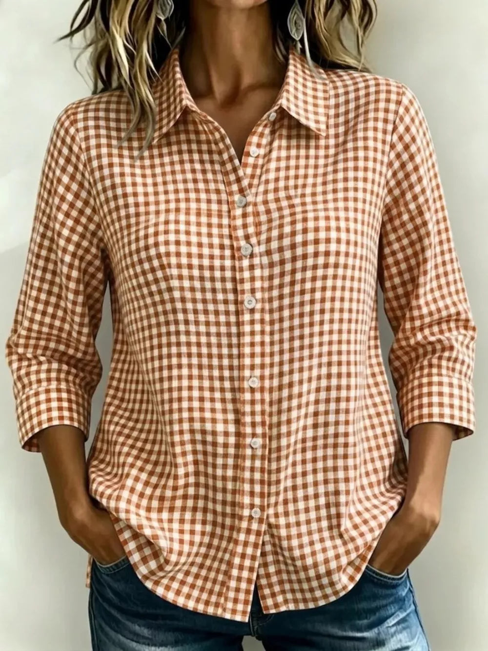 Grey Full Size Plaid Collared Button Up Shirt
