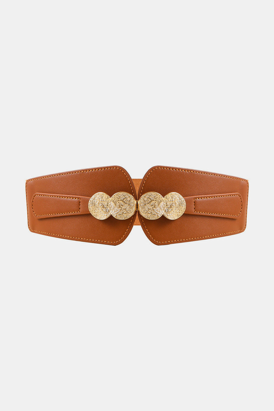 Caramel elastic belt with embossed gold oval clasp and faux leather trim