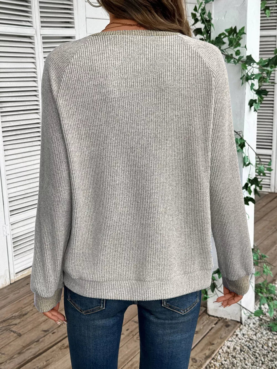Gray ribbed maternity shirt with button detail and contrast trim