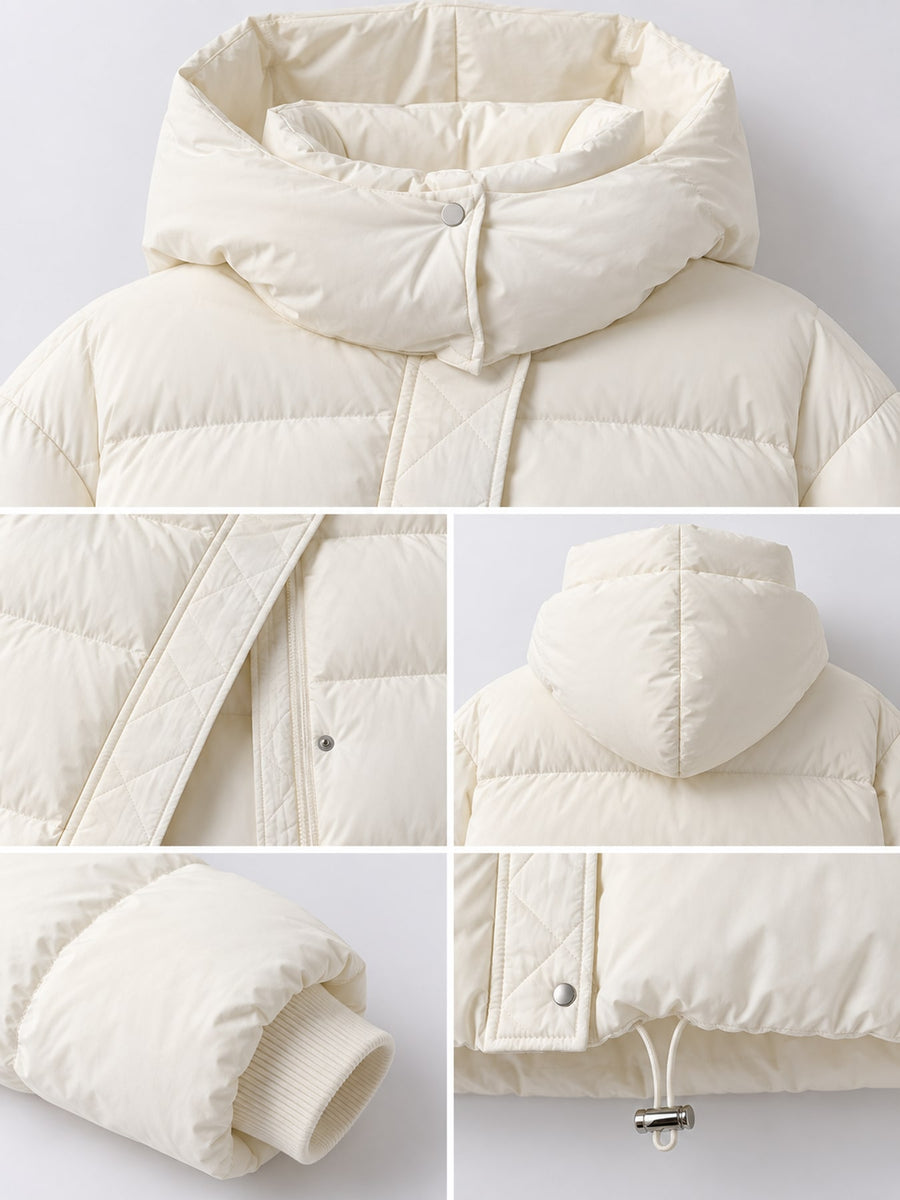 Coffee puffer jacket with hip-length and zip-front