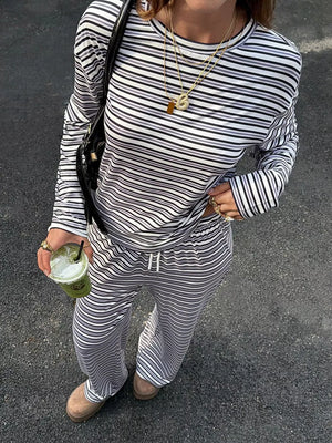 white pajama set featuring drawstring waist and striped