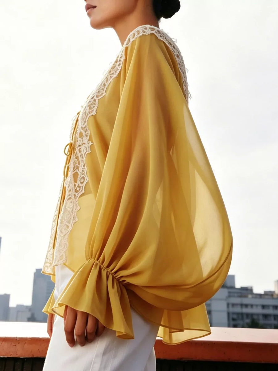 Yellow Sheer Lace-trimmed Front Tie Blouse