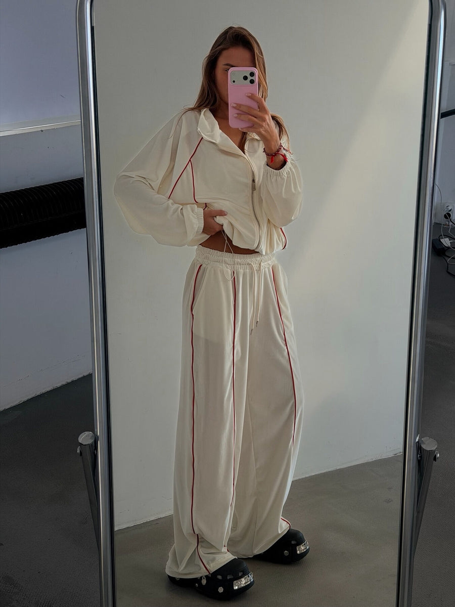 Zip Up Long Sleeve Top And Pants Set in White with contrast stitching