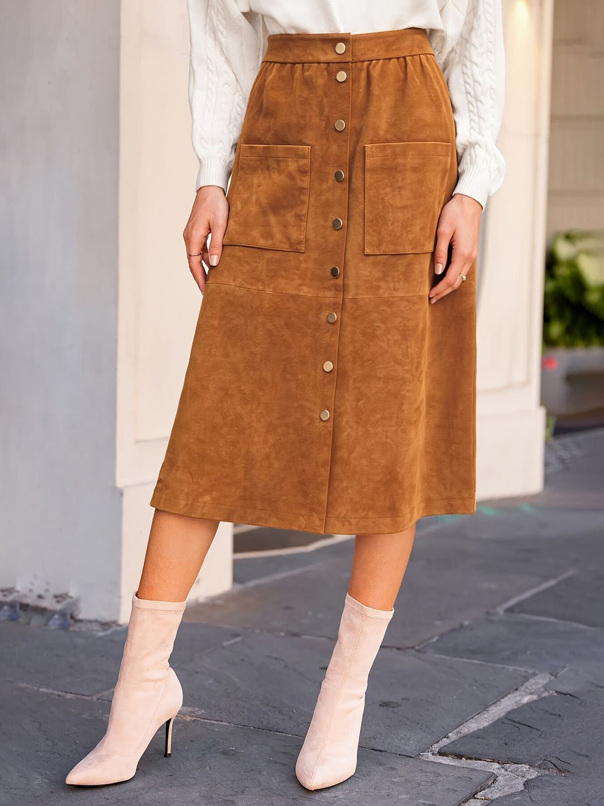 midi skirt in camel featuring buttoned and A-line fit