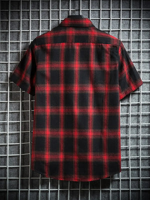 Red and black plaid short-sleeve cotton shirt with chest pocket