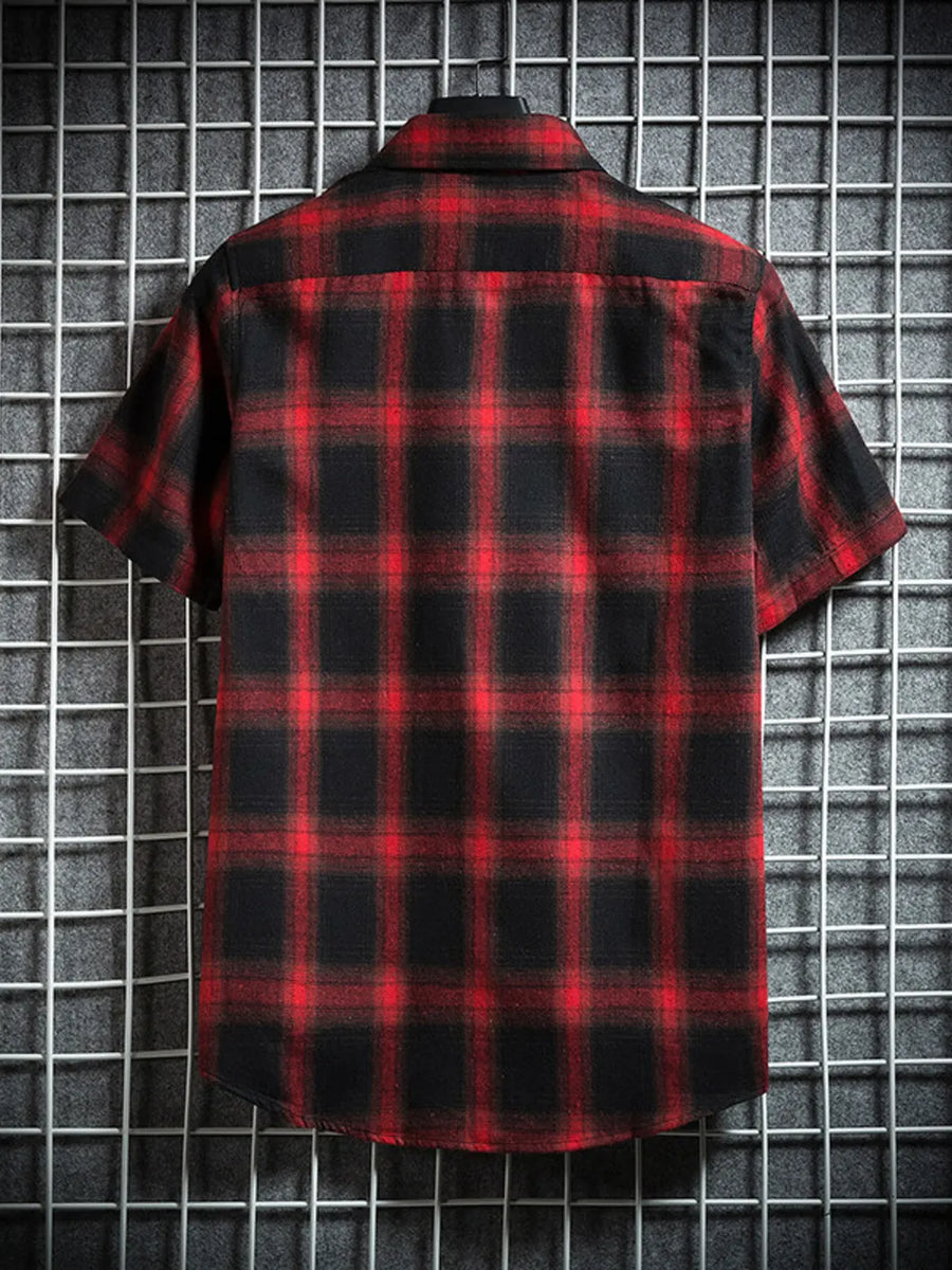 Red and black plaid short-sleeve cotton shirt with chest pocket