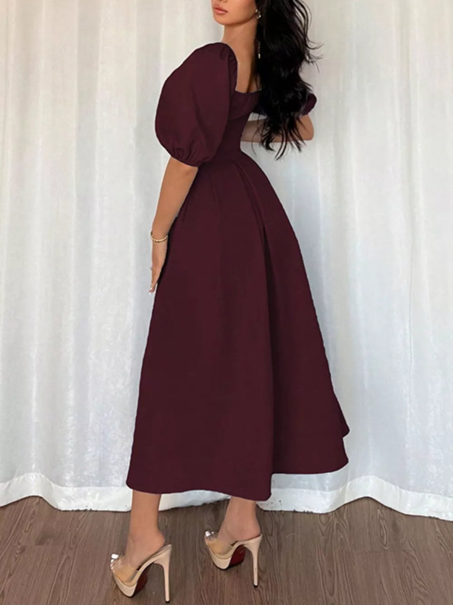 Burgundy midi dress with square neck and voluminous flutter sleeves, A-line skirt.