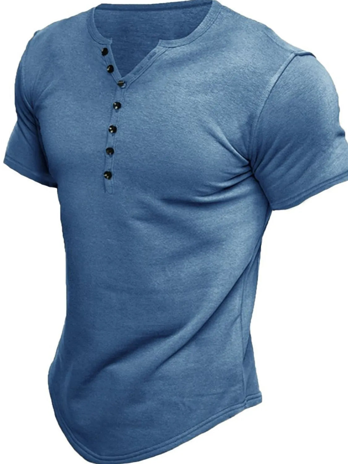 Dusty blue short sleeve henley tee with button placket and curved hem
