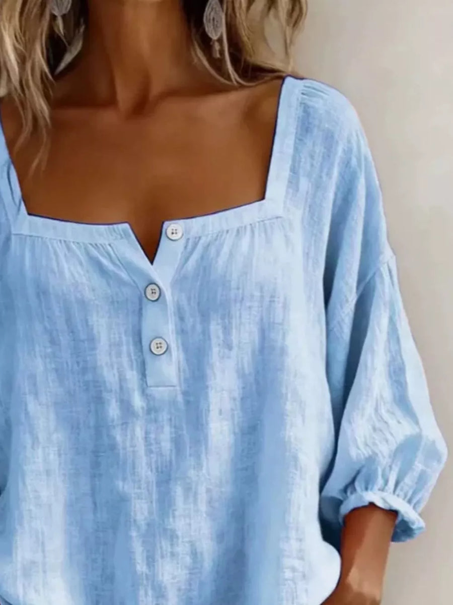 Full Size Square Neck Button Detail Blouse in Black
