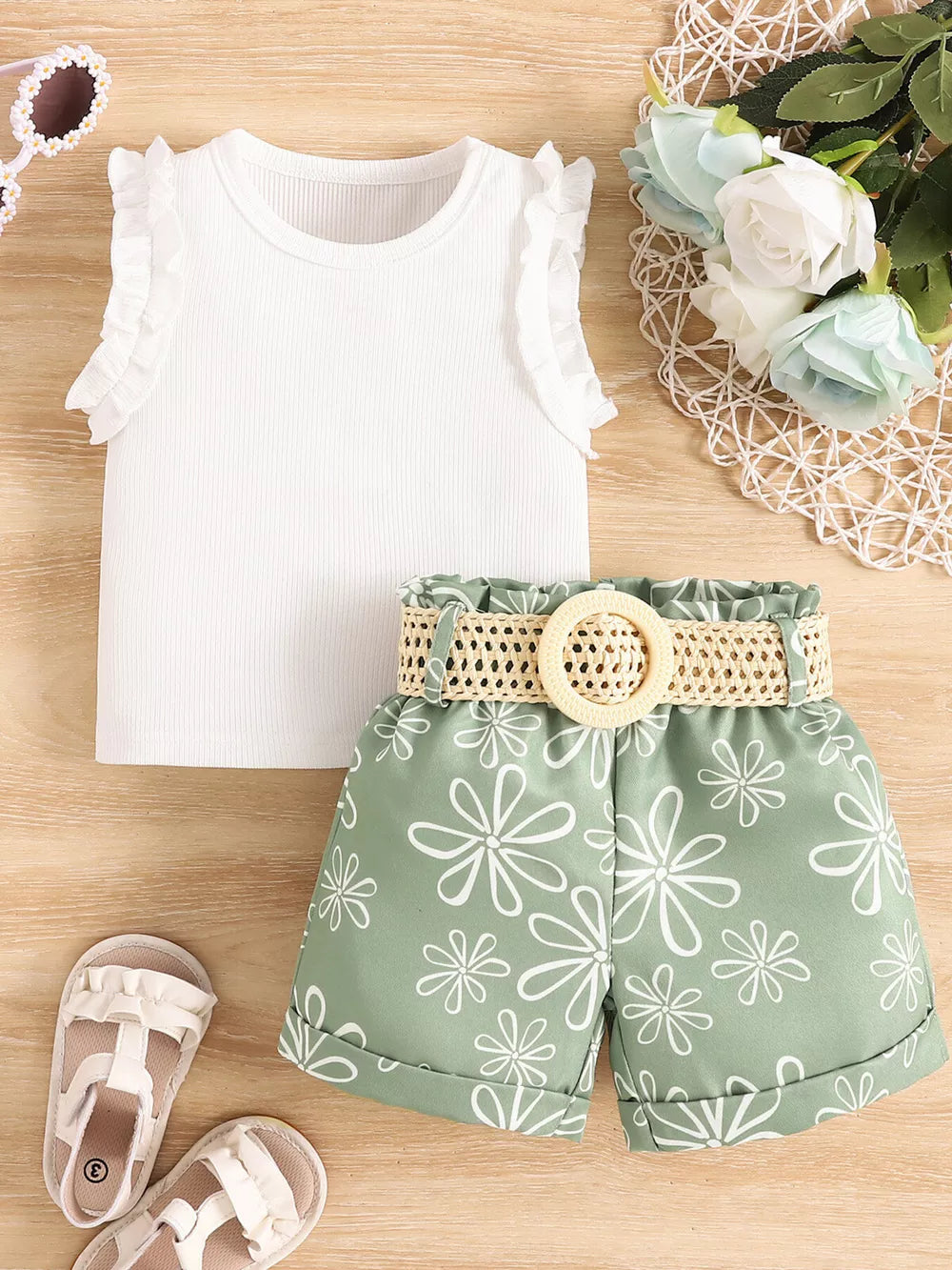 White Children's Frill Sleeveless Top And Belt Shorts Set