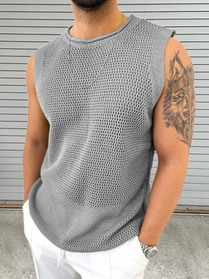 Gray open-knit sleeveless crewneck tank top with a casual, basic style.