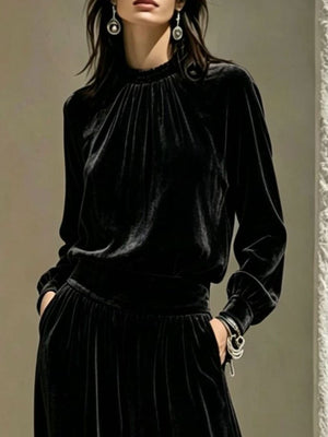 Velvet Mock Neck Long Sleeve Top & Wide-Leg Pants Set in powder blue with pocketed