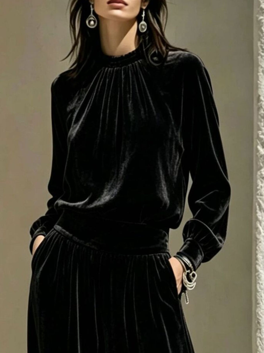 Velvet Mock Neck Long Sleeve Top & Wide-Leg Pants Set in powder blue with pocketed
