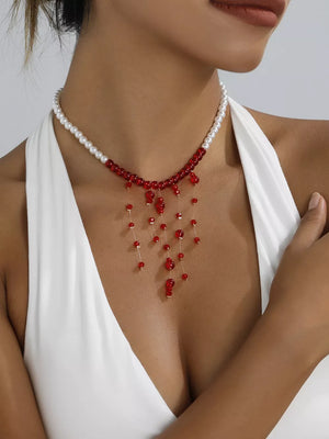 Deep Red 18k Gold-plated Synthetic Pearl Dangle Necklace