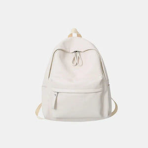 Minimalist ivory leather backpack with front zip pocket and double top zippers.